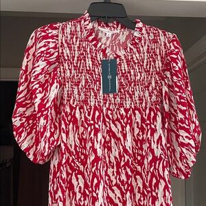 Elegant Red and White Patterned Blouse